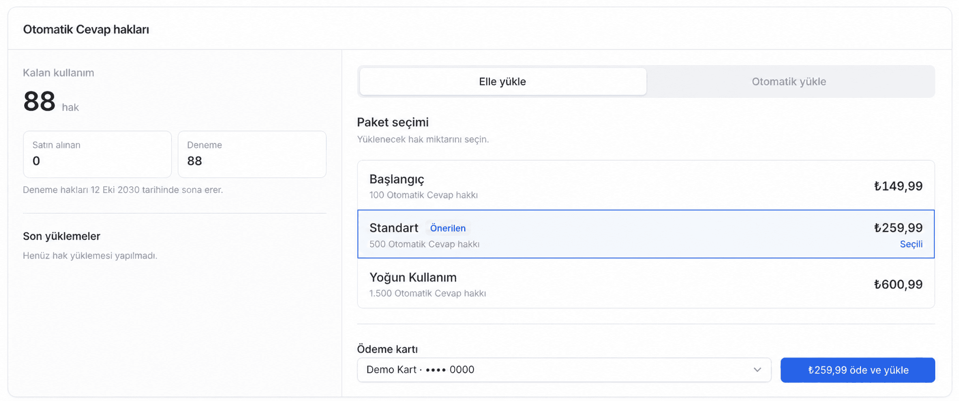EZV Asistan otomatik cevap haklarında paket seçimi, kalan kullanım ve anonim demo ödeme kartı