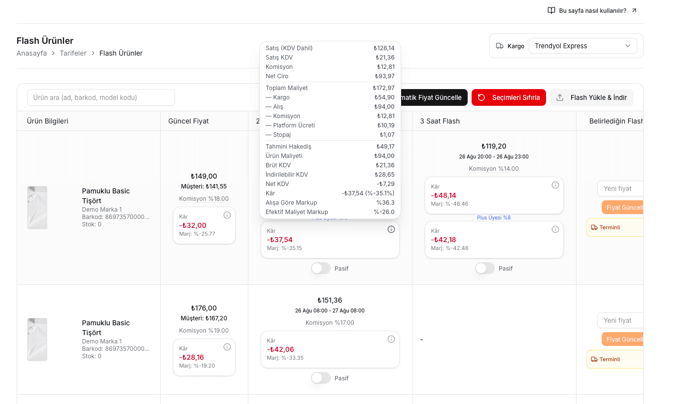EZV Flash teklifinde satış, maliyet, hakediş, kâr ve markup ayrıntıları