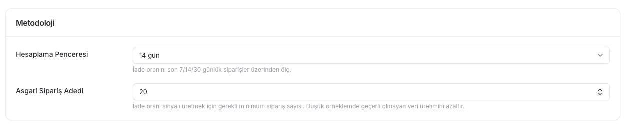 EZV İade Ayarlarında hesaplama penceresi ve asgari sipariş adedi alanları