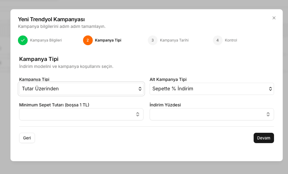 EZV kampanya oluşturma ekranında kampanya tipi seçenekleri