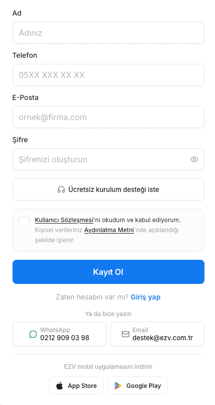 Ad, telefon, e-posta, şifre ve sözleşme alanlarının bulunduğu EZV kayıt formu