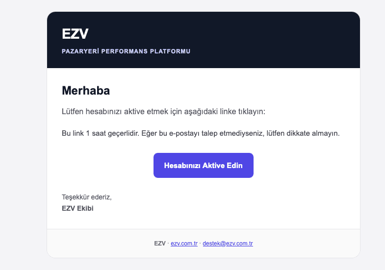 Hesabınızı Aktive Edin düğmesinin bulunduğu EZV doğrulama e-postası