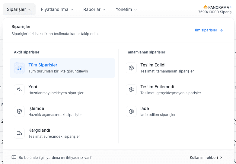 EZV Siparişler menüsünde aktif ve tamamlanan sipariş durumları