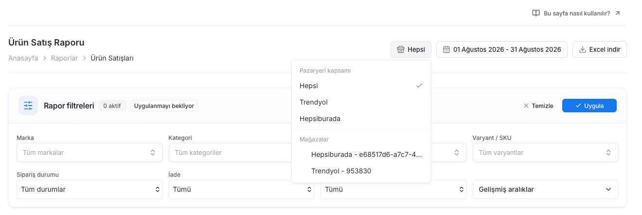 EZV Ürün Satış Raporunda tüm pazaryerleri, Trendyol, Hepsiburada ve tekil mağaza seçenekleri