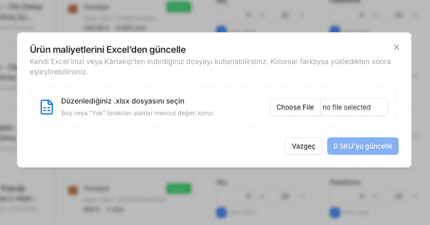 EZV Ürün maliyetlerini Excel’den güncelleme penceresinde dosya seçme ve SKU güncelleme düğmesi